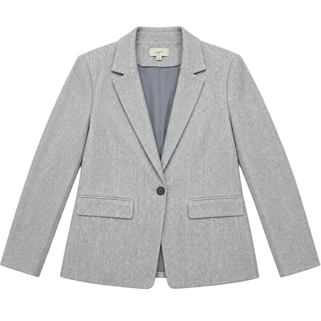 LOFT Women's Blazer Size 12 Preppy Old Money Academia Heritage Tweed Herringbone Gray Elbow Patches One Button Fitted Jacket Faux Suede Flap Pockets Career Workwear