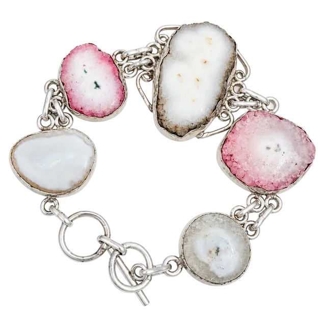 Handmade 925 Sterling Silver Pink & White Druzy Agate Toggle Bracelet