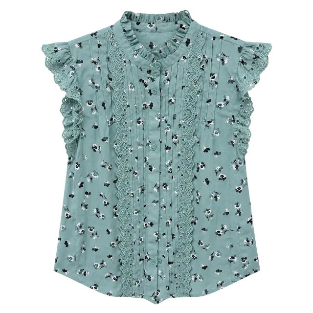 Ann Taylor Ruffle Blouse Size S Blue Floral Sleeveless Eyelet Trim