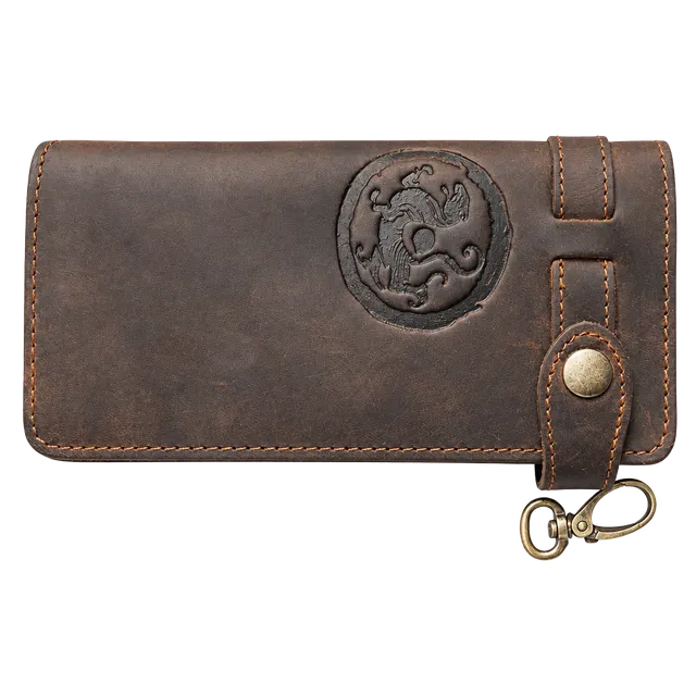 Vintage Tooled Leather Bifold Long Wallet Brown Dragon