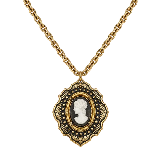 Vintage Gold Tone Black & White Cameo Pendant Necklace