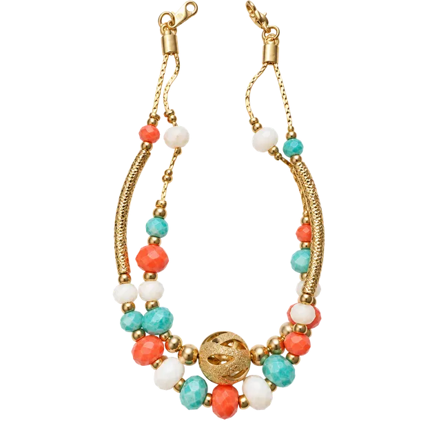 Beaded Multi-Strand Bracelet Gold Tone Turquoise Coral Faceted Beads