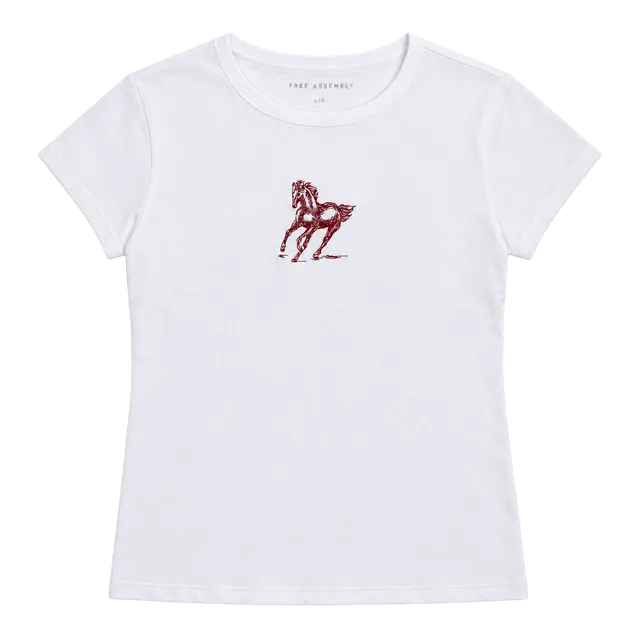 Embroidery by me! Free Assembly Cap Sleeve Tee Size L (12-14) White with Red Horse 