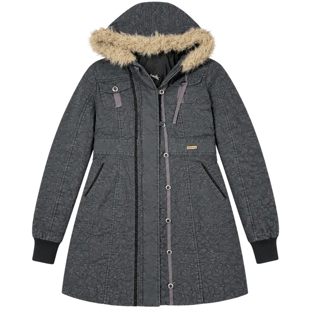 Billabong Quilted Hooded Parka Jacket Size M Gray Faux Fur Trim