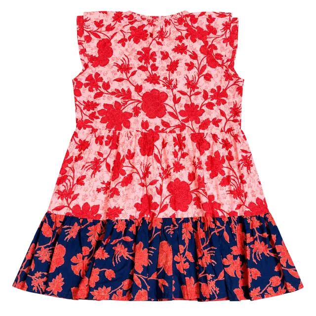 Corley Floral Tiered Ruffle Dress Size M Pink Red Navy Sleeveless Gameday
