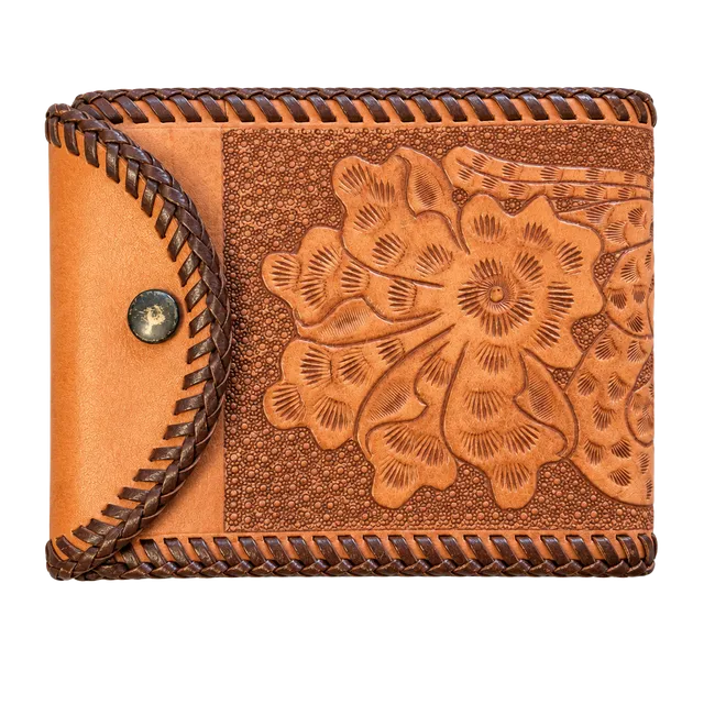 Vintage Hand Tooled Leather Wallet Floral Laced Edge