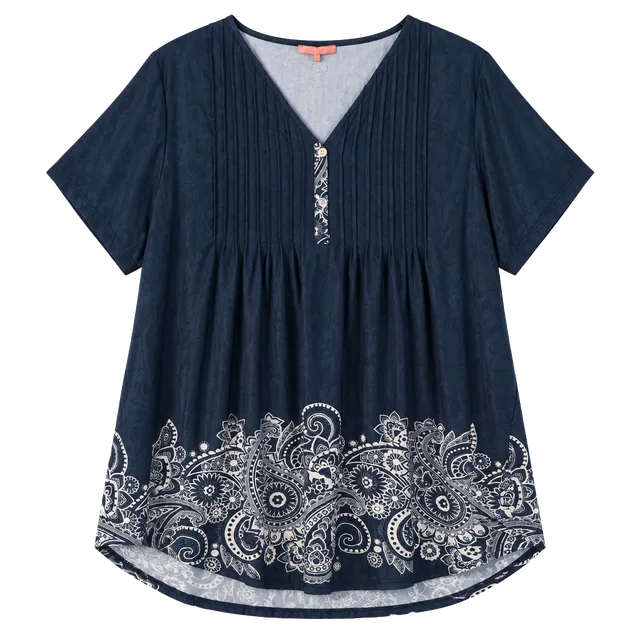 NWT Simply Aster By Firmiana Top Size 3X Blue Paisley Pleated Tunic Blouse