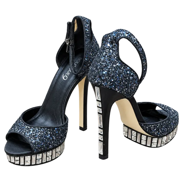 Boutique 9 Black Glitter Platform Stilettos Size 8.5 Rhinestone Heels