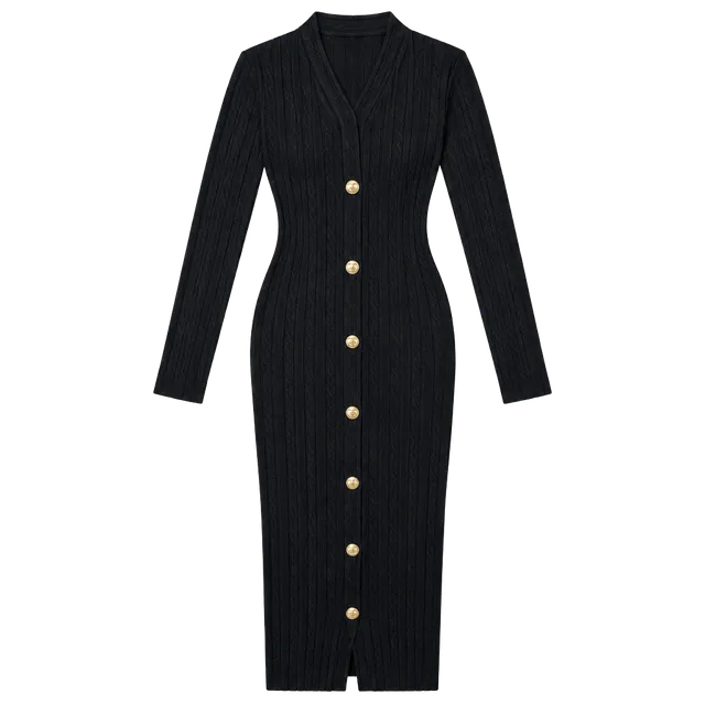 Zara Ribbed Knit Midi Dress Size S Black Gold Buttons Long Sleeve