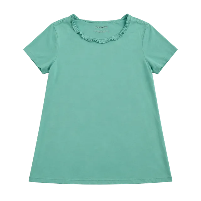 Talbots Pima Cascade Crewneck Tee Size L Green Ruffle Collar Short Sleeve