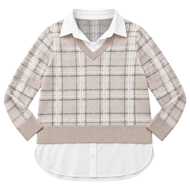 Adrienne Vittadini Layered Plaid Sweater Size M Beige