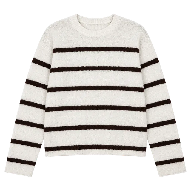Zenana Striped Crewneck Sweater White Brown