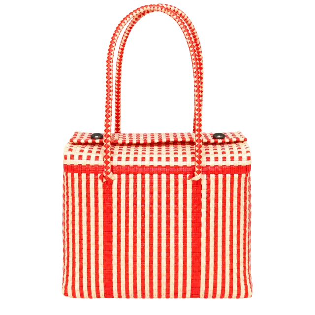 Vintage Woven Plastic Basket Tote Bag Orange White