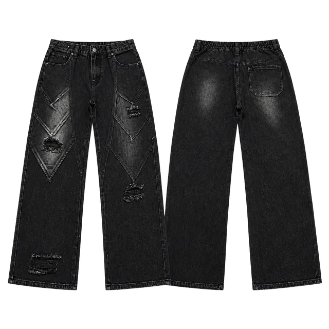Watson Distressed Diamond Panel Baggy Denim Jeans – Jet Black