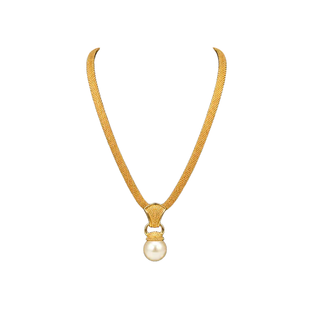 Vintage Gold Tone Mesh Faux Pearl Pendant Necklace