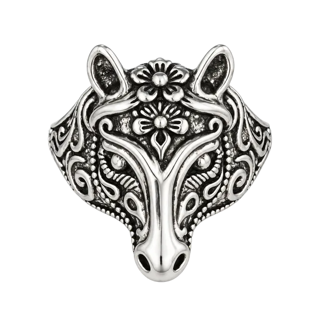 Vintage Design Titanium Steel Silver Horse Floral Head Ring Size 9
