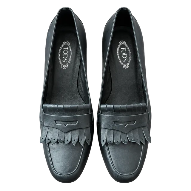 Tod's Black Leather Kiltie Penny Loafer Heels Size 39