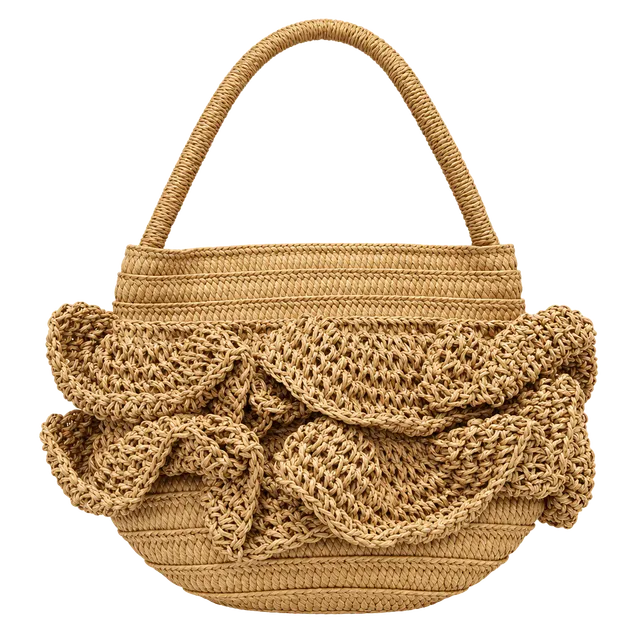 Unbranded Straw Ruffle Shoulder Bag Brown Woven Handbag