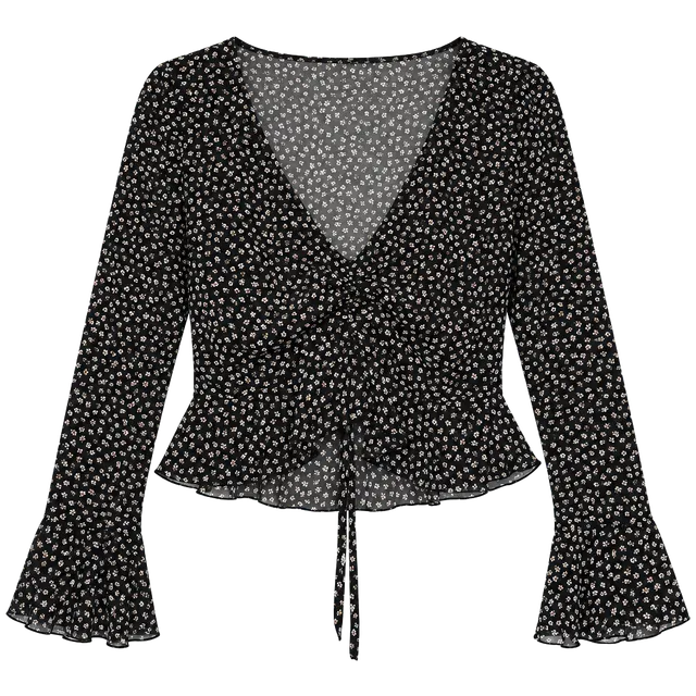 Divided H&M Floral Blouse Size M Black White V-Neck Tie Front Peplum