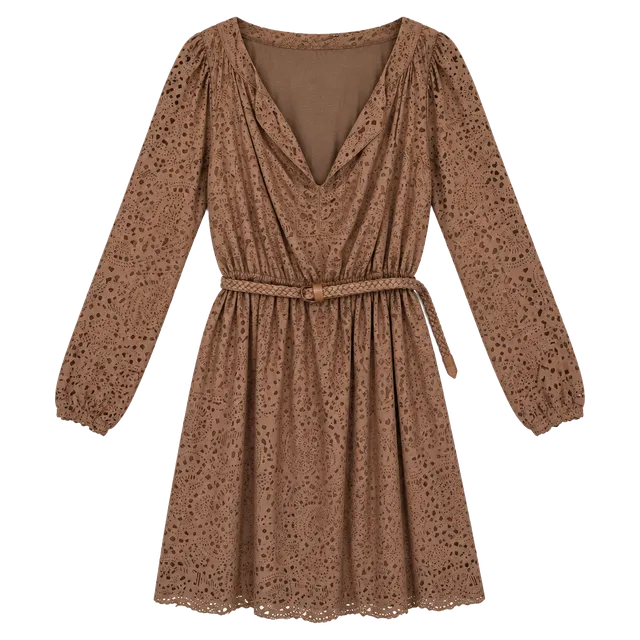 Chelsea & Violet Camel Faux Leather Laser Cutout Mini Dress with Braided Belt, M