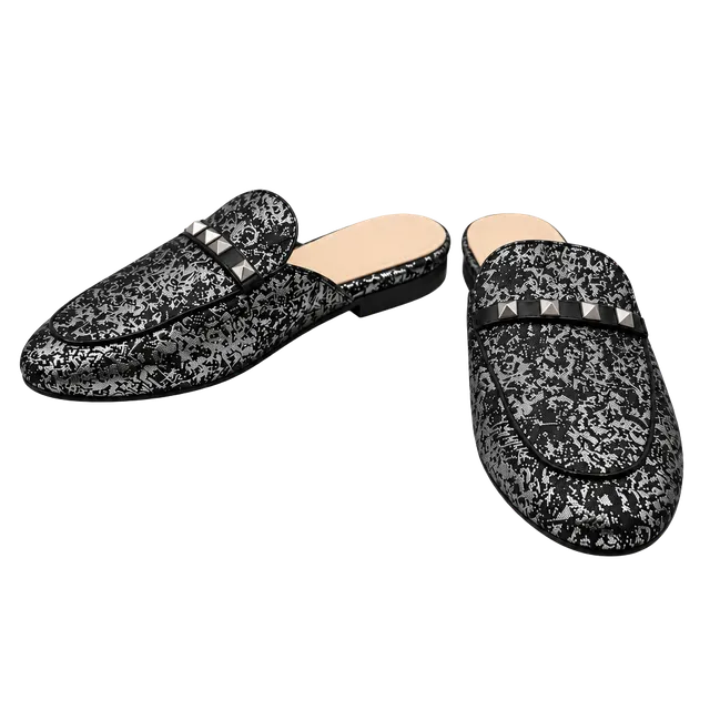 Marc Fisher Wishing Black Silver Metallic Studded Loafer Mules Size 8M