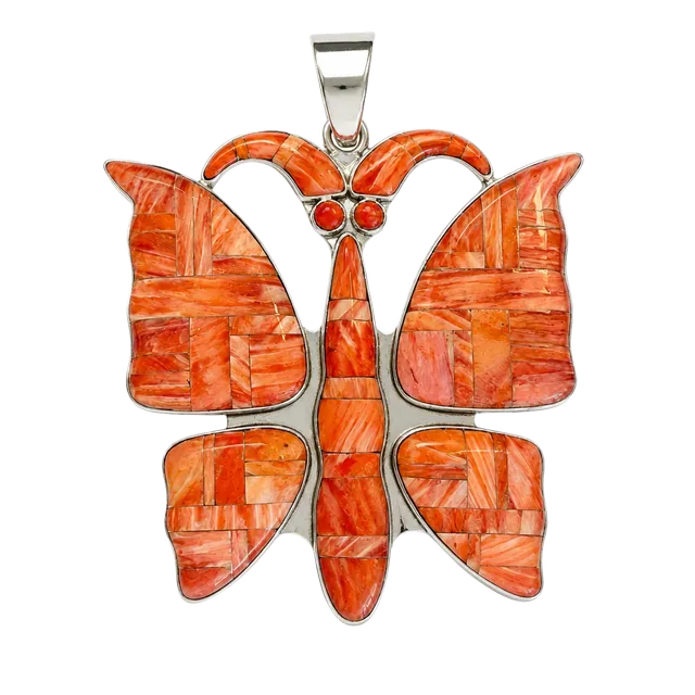 KS Southwestern Sterling Silver Red Spiny Oyster Butterfly Inlay Pendant 