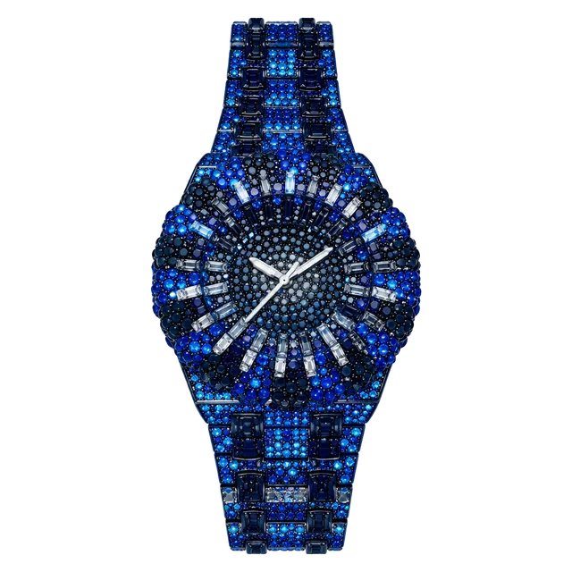 Black & Blue Iced Out Rhinestone Fashion Watch – Sunburst Bezel