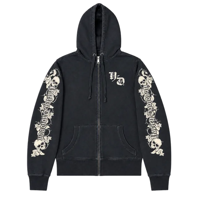 Y2K Harley-Davidson Zip-Up Hoodie Size M Black Skull Rose Graphic