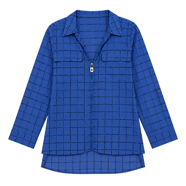Michael Michael Kors Blouse Size XL Blue Chain Print Zip Front Shirt