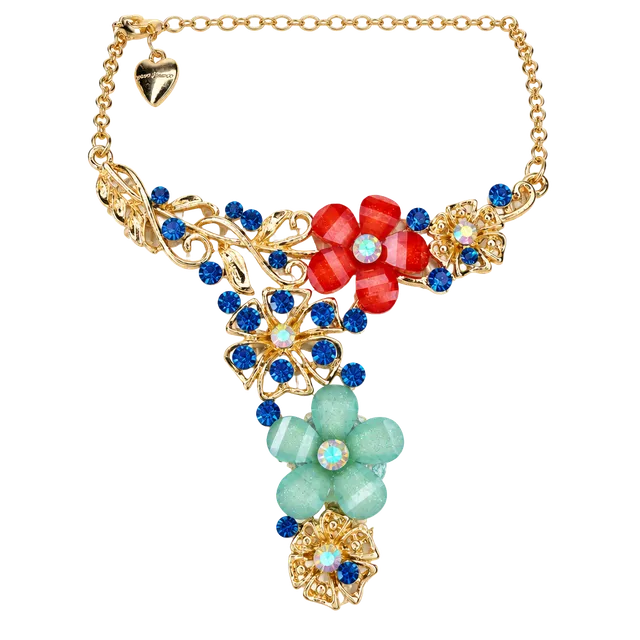 Betsey Johnson Gold Floral Rhinestone Y Necklace