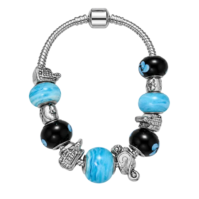 Pandora Silver Snake Chain Charm Bracelet Blue Black Glass Beads