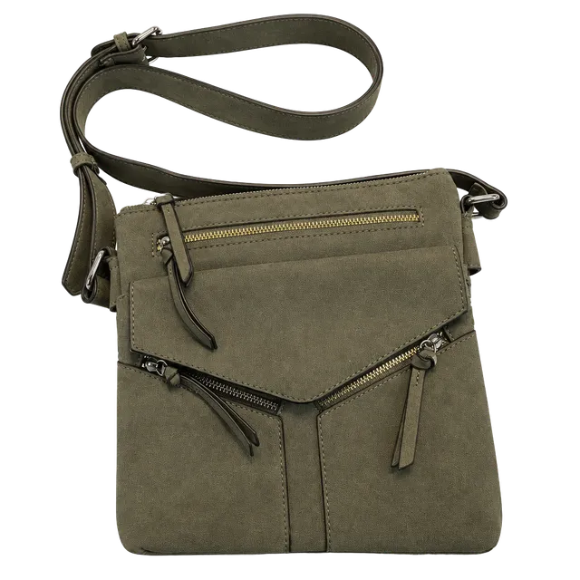  Crossbody Bag Olive Green Faux Suede Multi Pocket Adj. shoulder strap 