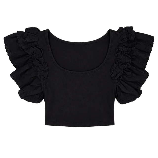 Zara Ruffle Sleeve Crop Top Size S Black Ribbed