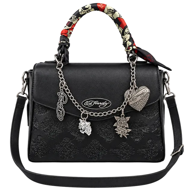 Ed Hardy Black Handbag With Scarf And Charms New With Tags