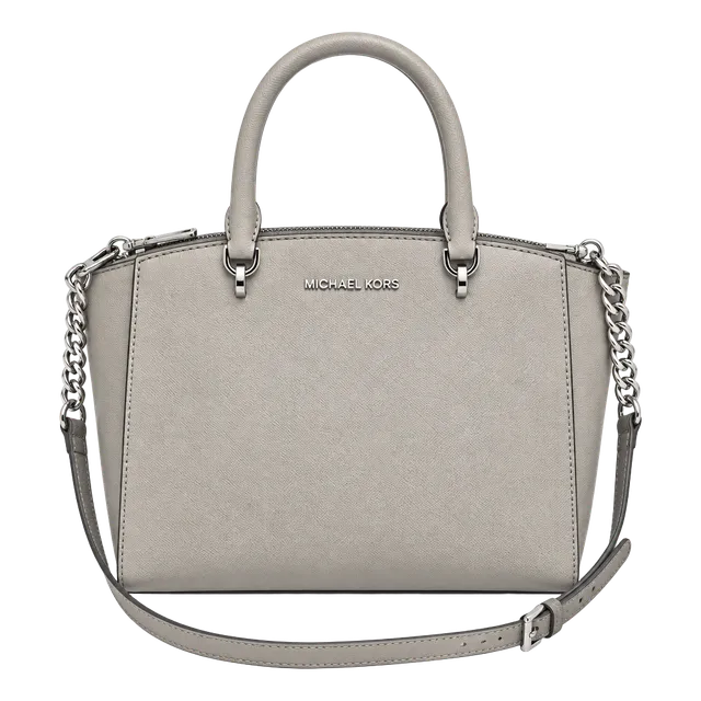 Michael Kors Large Leather Satchel Crossbody Bag Light Gray Silver Hardware