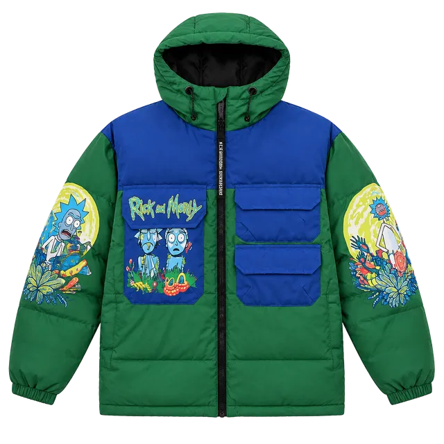 Members Only Rick And Morty Color Block Green and Blue Puffer Jacket Large