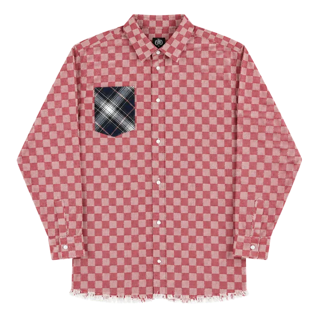 One24 Rags Checkered Flannel Shirt Size Large Red Pocket Frayed Hem