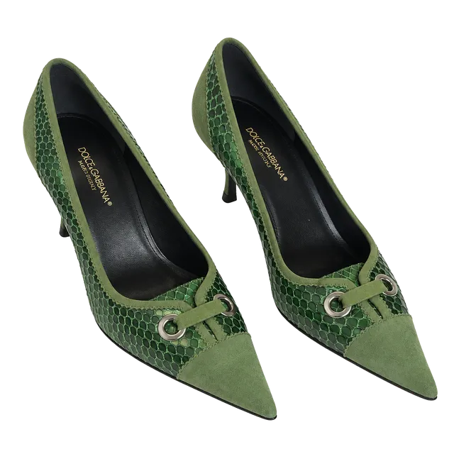 Vintage Dolce & Gabbana Green Python and Suede Pump Heels 