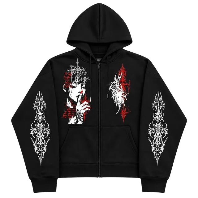 Unbranded Gothic Graphic Print Full Zip Hoodie Black