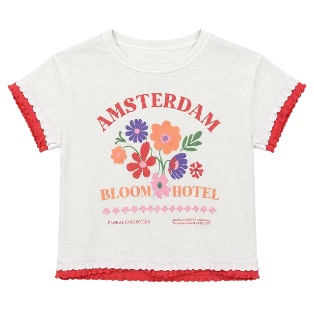 Amsterdam Floral Graphic Cropped T-Shirt with Contrast Lettuce Trim – White & Red