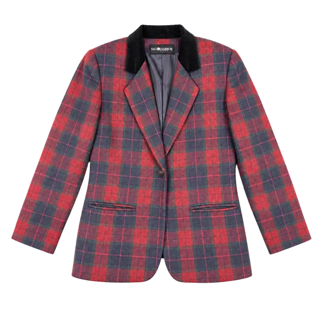 Vintage Sag Harbor Petite Plaid Wool Blazer Size 4 Velvet Collar Academia