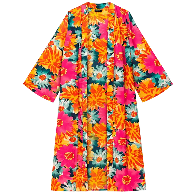 Boohoo Floral Woven Midi Kimono Size US 14 Orange Pink Multi