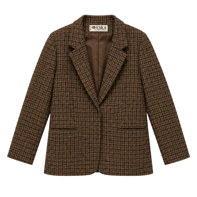 Vintage 1990s Eska Internationale Wool Plaid Blazer Size 14 Brown Tweed Jacket