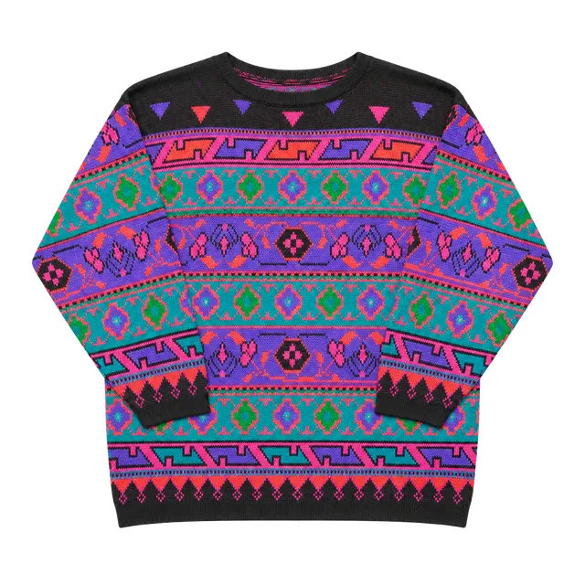 Vintage Aztec Geometric Pattern Knit Sweater Black Multi