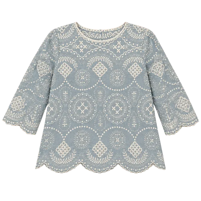 Jude Connally Blouse Blue White Eyelet Embroidered Top Sz XS