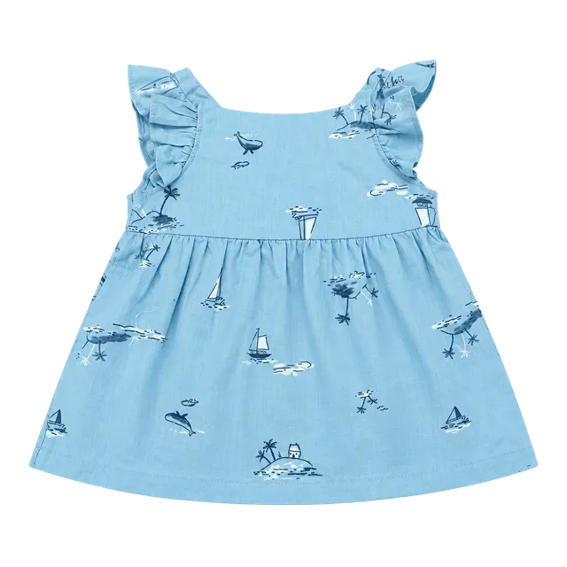 Carter's Ocean Print Dress Size 12m Blue Ruffle Sleeves
