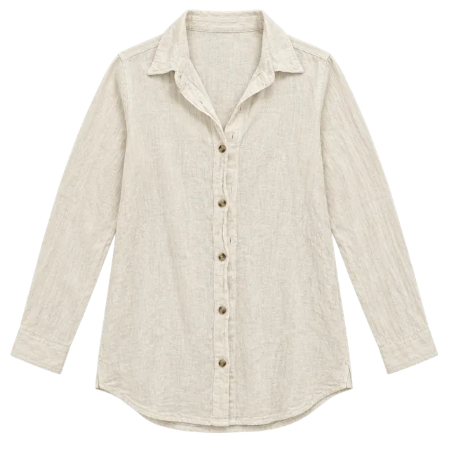 Long Sleeve Button-Down Shirt Size M Beige Linen Blend