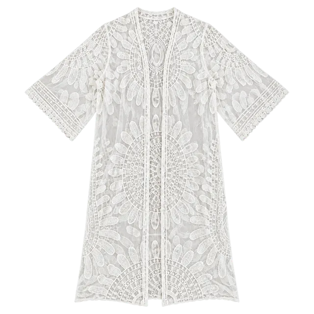 Lace Kimono Beach Cover Up White