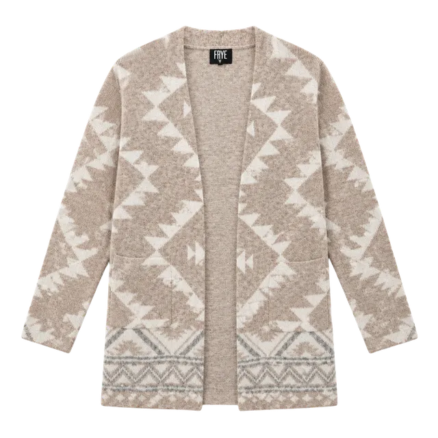 FRYE Open Front Cardigan Size XL Beige Southwestern Aztec Print