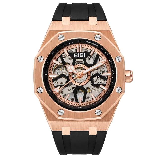 BiBi Rose Gold Automatic Skeleton Dial With Black Strap